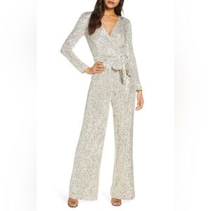 Eliza J Sequin Wrap Front Long Sleeve Jumpsuit